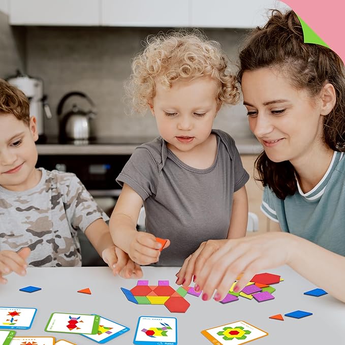 215 PCS Wooden Pattern Blocks Set, 24 Double-Sided Design Cards Pattern Building Shapes Educational Geometric Shape Puzzle Fun Tangram Montessori Learning Toys for Kids Ages 4-8 (A Storage Bag)