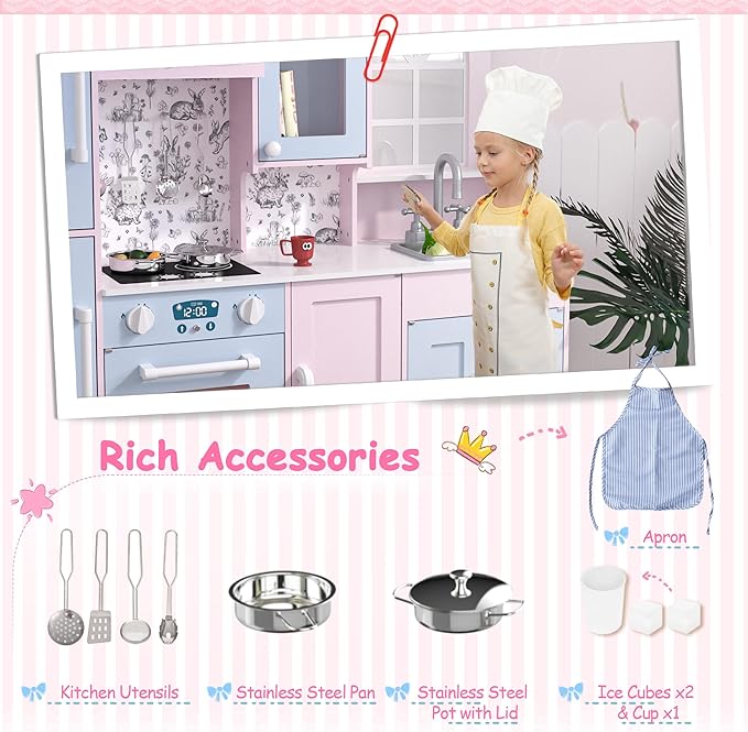 Play Kitchen for Kids, Wooden Kids Kitchen Playset w/Faucet, Sink, Stove, Oven, Window, Cookware, Storage Cabinets, Toddler Role Play Kitchen Pretend Play Toy Set Gift for Girls Boys Ages 3+