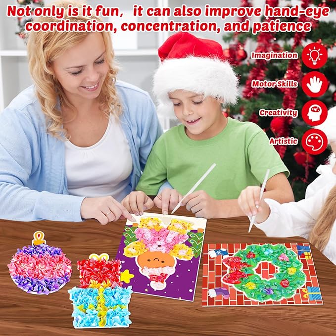 Lonfliness 8PCS Poke-in Craft and Art Kits Kids Christmas No-Mess Fabric Sewing Art Girl Boy 4-12 Puzzle Puncture Painting Santa Snowman Gingerbread Xmas Toy Gift Creative Activity Game Birthday Party