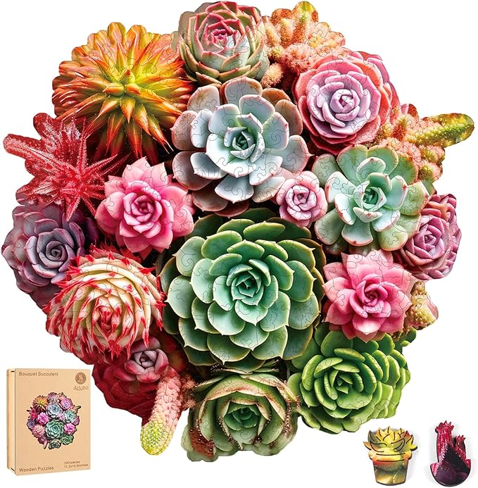delobil Succulent Bouquet Wooden Puzzles for Adults, 200 Pieces Mandala Round Jigsaw Puzzles, Medium Size Unique Shaped Liberty Wood Puzzle Gift for Kids, Family Game 11.3'' x 10.5''