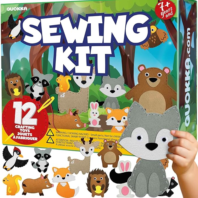 QUOKKA Kids Crafts Ages 4-8, DIY Beginner Needle and Thread Kit - 12 Wild Animals Sewing Kit Basic - Fun Arts Crafts for Kids Ages 6-8 Girls Boys - Plastic Needles, Scissors - 6+ Year Old Girl Gifts