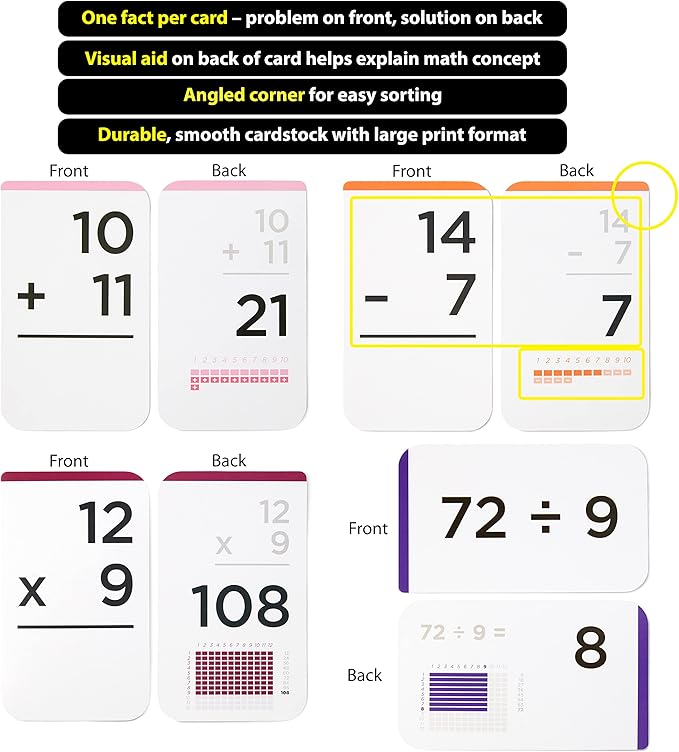 Think Tank Scholar 681 Math Flash Cards & Dice – Learn Addition, Subtraction, Multiplication & Division Facts 0–12, Color-Coded with Games, Charts & Sorting Tabs, Grades K–6 – Jumbo Size (5.2” x 3.1”)