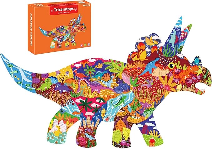 PINU Jigsaw Puzzles for Kids Ages 3-5, 6-8, 8-10, Children Colorful Fun Animal Shaped Puzzle Learning Educational Toys Gifts Games for Boys and Girls (Triceratops-150 PCS)