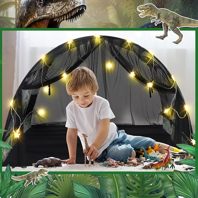 Dinosaur Bed Tent for Kids Large Kids Twin Tent Toddler Play Bed with Carry Bag Foldable with String Lights for Girls Boys Bedroom Indoor Games