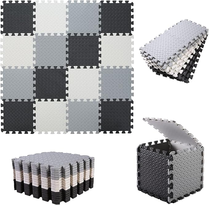 Foam Play Mat for Baby, 0.4 Inch Thicked Interlocking Floor Mats with Solid Colors, Soft Non-Toxic Baby Playmat, EVA Foam Playmat Foam Mats for Toddlers, 16 Tiles(White/Black/Gray)
