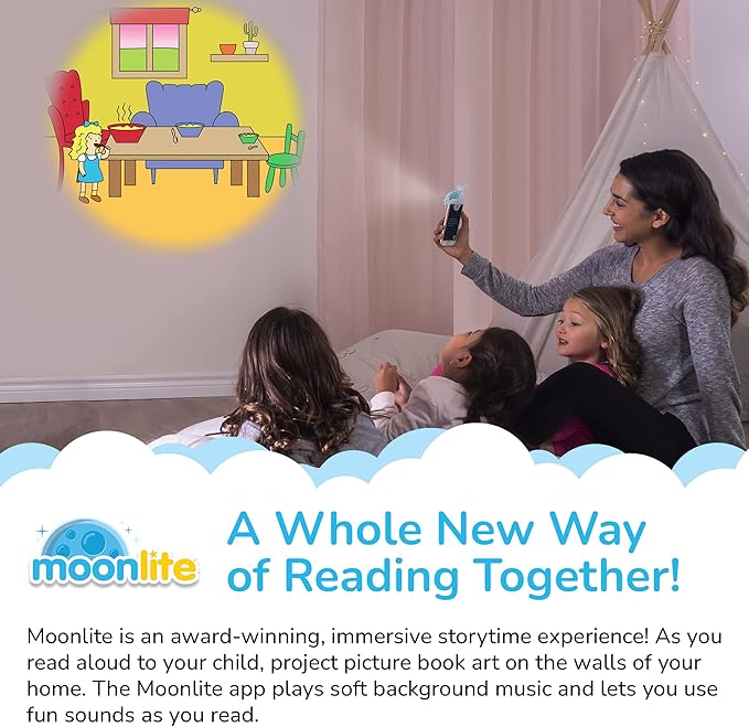Moonlite Storytime Mini Projector with 4 Fairy Tale Stories, A Magical Way to Read Together, Digital Storybooks, Fun Sound Effects, Learning Gifts for Kids Ages 1 and Up