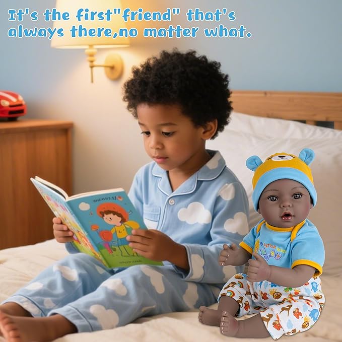 Lifelike Reborn Baby Doll, 18-Inch Realistic African American Baby Dolls Weighted Newborn Boy Doll Soft Cloth Body Real Life Dolls Gift for Kids 3+, Complete with Clothes and Toy Accessories
