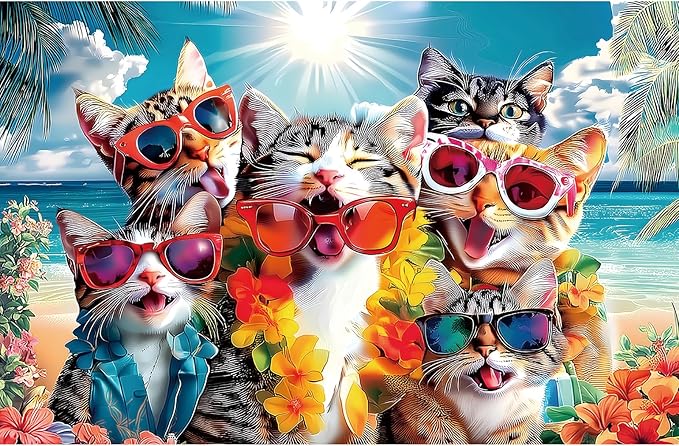 500 Piece Funny Cat Jigsaw Puzzle for Adults - 23x15 Inch Beach Party with Sunglasses & Leis, Unique Fun Puzzles for Home Decor & Gift