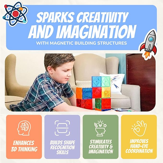 Mystical Fire Magnetic Tiles Set- 100 Pcs Montessori Inspired 3D Sensory Building Blocks for Kids- Leonardo Learning Magnetic Tiles Set STEM Approved Educational Magnet Construction Toys
