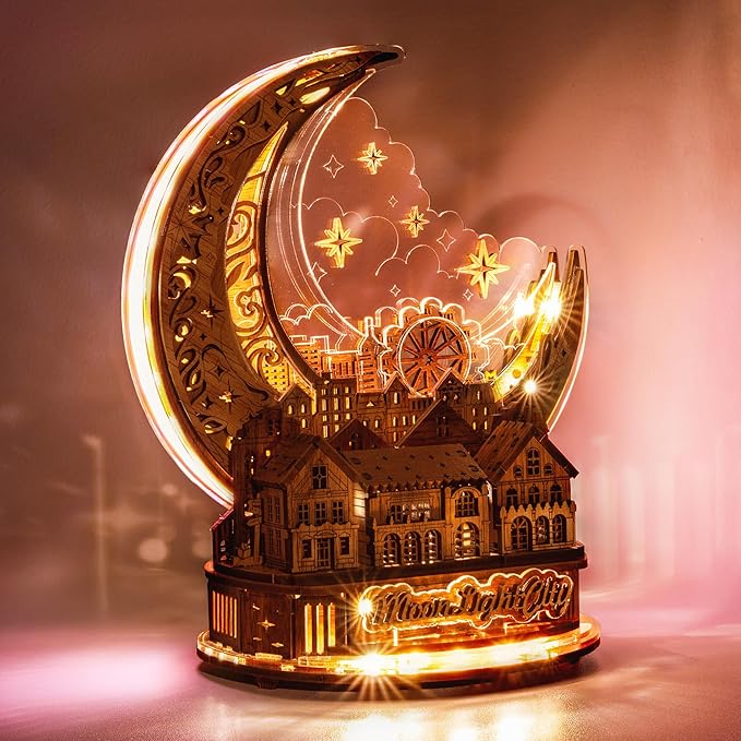 3D DIY Puzzle Moon City Model - LED 3D Wood Puzzle - 3D Wooden Puzzles for Adults Home Décor Gifts for Kids and Adults, Brown