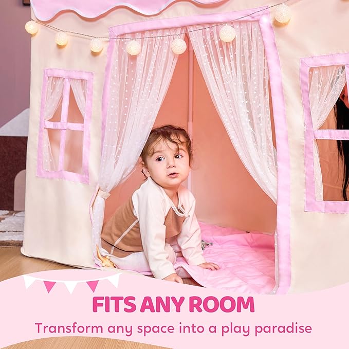 SYNCFUN Play Tent for Kids,Indoor & Outdoor Tent with Blanket,LED Lights & Flags for Toddler,Spacious 51*35*52 Inch,Playhouse for Kids,Ideal Private Space for Reading & Play for Boys & Girls Age 3-7