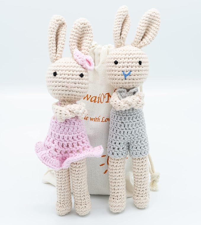 Crochet Stuffed Animal - Adorable Handmade Bunny Daughter Plushie Doll with Pink Dress, Ideal for Infants - Knitted Stuffed Animal Crocheted Stuffed Animals for Newborns