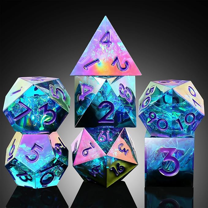 Iridescent Plating DND Dice, DNDND Handmade Resin Sharp Edge D&D Die with Gift Case for Dungeons and Dragon Tabletop Games (Iridescent Plating Green & Blue)