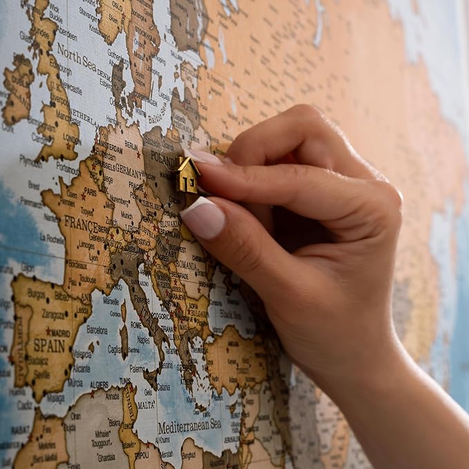 Canvas World Map with Cork Pin Board - English Lettering - Decorative Wall Decoration for All Rooms - Canvas Pictures with World Map Motif (90x60 cm, Pattern 15)