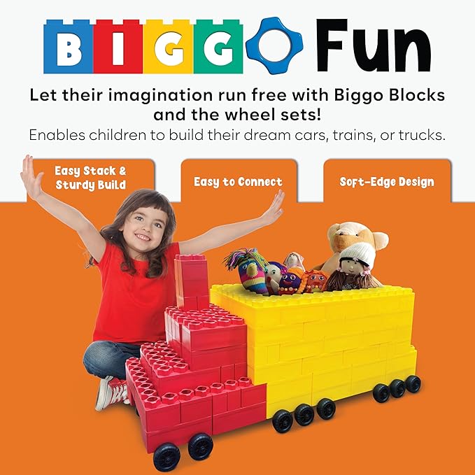 Big Building Blocks - Blocks and Wheels - Toddlers and Kids Ages 4-8 - Large Indoor Outdoor Games - 5 PC Wheel Set