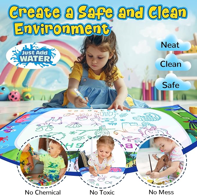 Water Doodle Mat 40 x 32 Inch Painting Doodle Toddler Toys, Water Drawing Mat, Large Magic Drawing Doodling Mat Educational Toys for Kids Age 3 4 5 6 7 Toddler Boys Girls Christmas Birthday Gifts