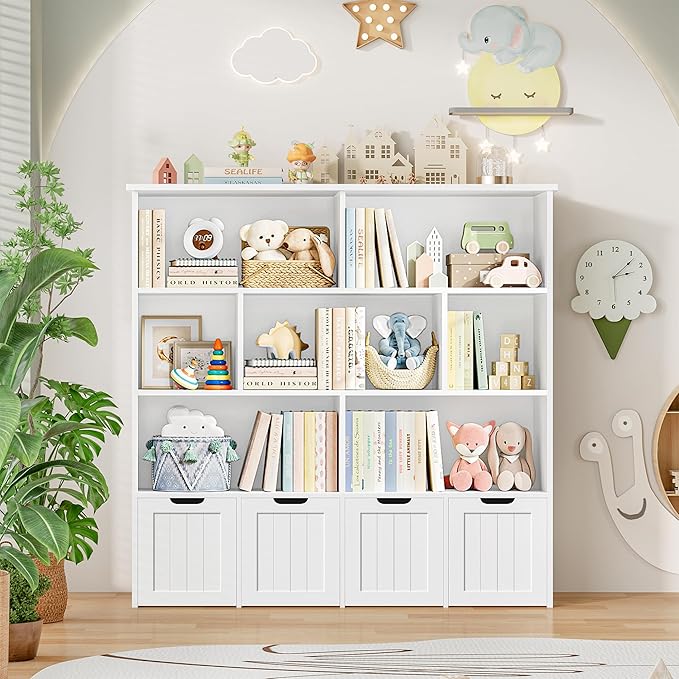 FINETONES Toy Storage Organizer, Kids Bookshelf with 4 Movable Chests and 7 Storage Cubes, Toy Chest Storage with Hidden Wheels, Toy Organizers and Toy Storage, White