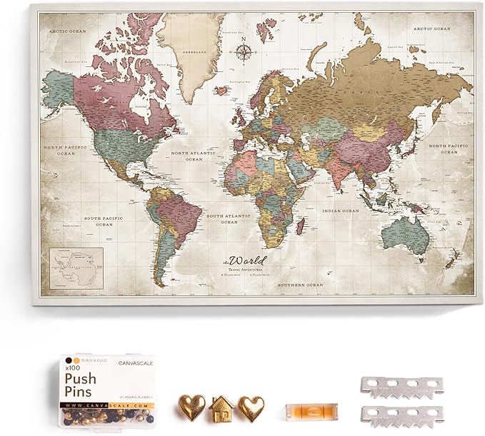 Canvas World Map with Cork Pin Board - English Lettering - Decorative Wall Decoration for All Rooms - Canvas Pictures with World Map Motif (120x80 cm, Pattern 20)