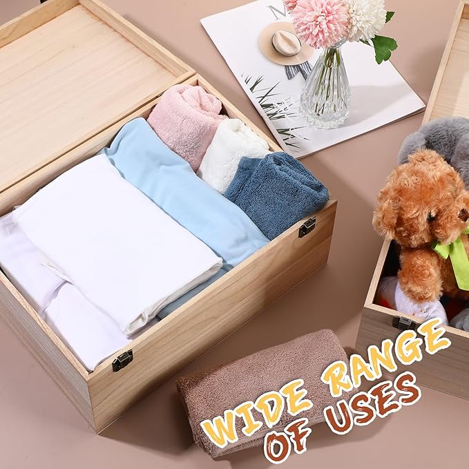 Wesiti 2 Pcs Unfinished Wooden Box 14 x 10 x 6.5 Inch Treasure Chest Craft Box with Hinged Lid Rustic Large Paint Box Stash Crate for Storage Carving DIY Gift