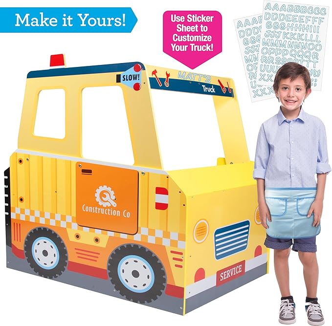 Construction Truck Wooden Playset w 60+ Toy Pieces- Pretend Hammer Saw Bolts, Screws- Spinning Turn Saw, Steering Wheel, Wood to Pull Apart- Dual Sided Stand Center, Workbench Building Kids Xmas Gift