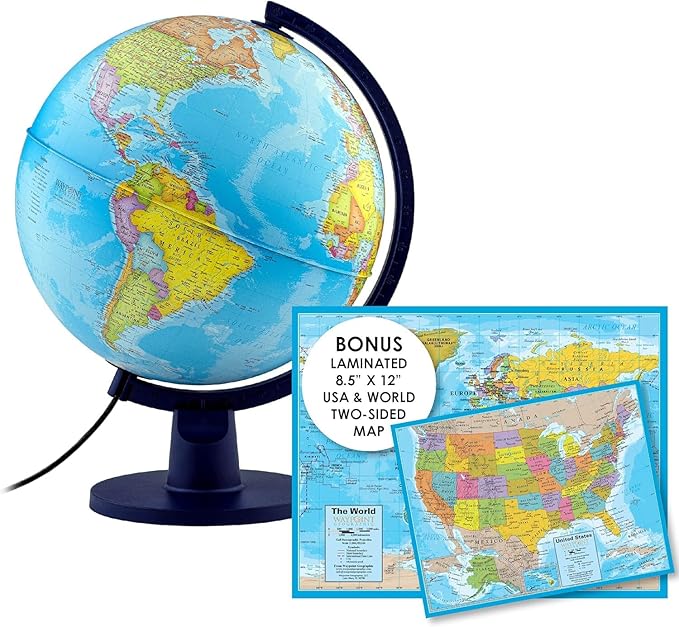 Waypoint Geographic Scout+ Illuminated Map, Kids Interactive Globe with Stand, More than 4000 Places, 12', Bonus Map Included, Blue