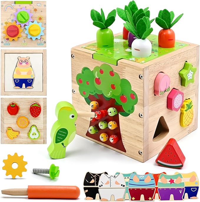 Baby Wooden Activity Cube Montessori Toys for Boys Girls Birthday Gifts, 5 in 1 Early Educational Learning Fine Motor Skill Game Toys for Toddlers Kids 18 24 Month Christmas Stocking Stuffers