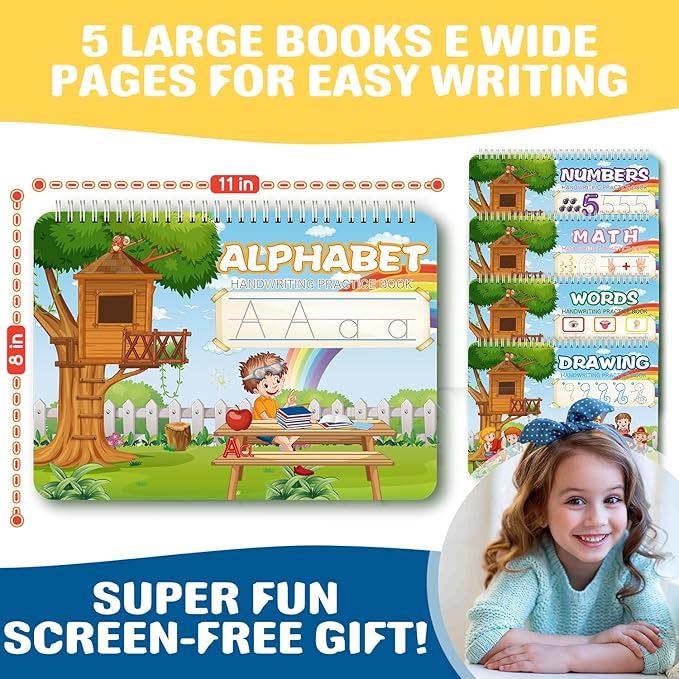Magic Grooved Writing Practice for Kids, Reusable Grooved Handwriting Practice Workbook Ages 3-8, Large 11.2"x7.5" Preschool Learning Activities Tracing Books, Kindergarten Educational Toys for 5-7