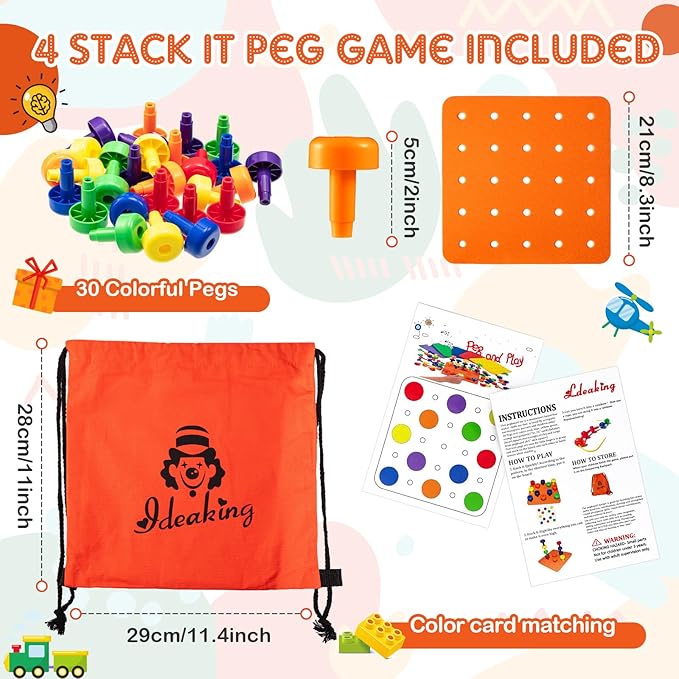 Shappy Toddler Peg Board Kids Montessori Colorful Stackable Toys 120 Pcs Pegs with 4 Foam Board 4 Sets Learning Educational Toy for Preschool Color Recognition Counting Skill with Lacing String Bag