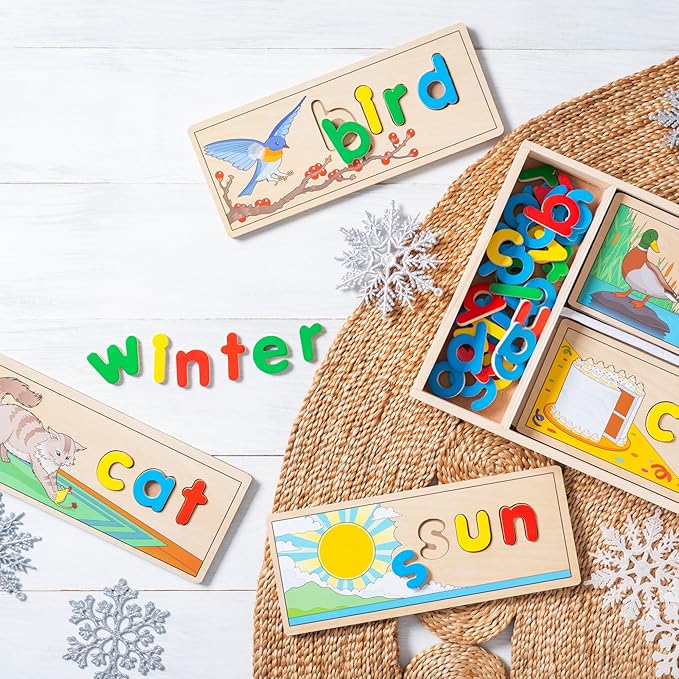 Melissa & Doug See & Spell Wooden Educational Toy with 8 Double-Sided Spelling Boards and 64 Letters Preschool Learning Activities, See & Spell Learning Toys for Kids Ages 4+