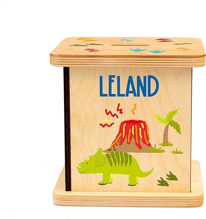 Wooden Piggy Bank for Kids and Adults, Personalized Gift Handmade in USA by BloomOwl, Custom Piggy Bank, Personalized Banks for Kids, Gifts for Baby Boys and Girls (Dinosaur- Fun)
