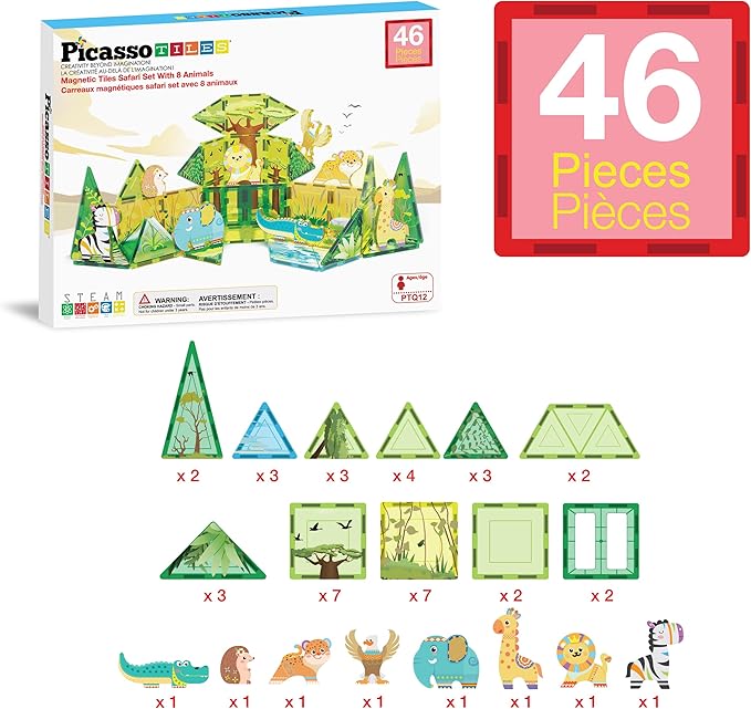 PicassoTiles Magnet Tile Building Block Safari Themed Set with 8 Compatible Magnetized Animal Action Figures Build Blocks Toddler Creativity Toys STEAM Educational Learning Skills Ages 3+ PTQ12
