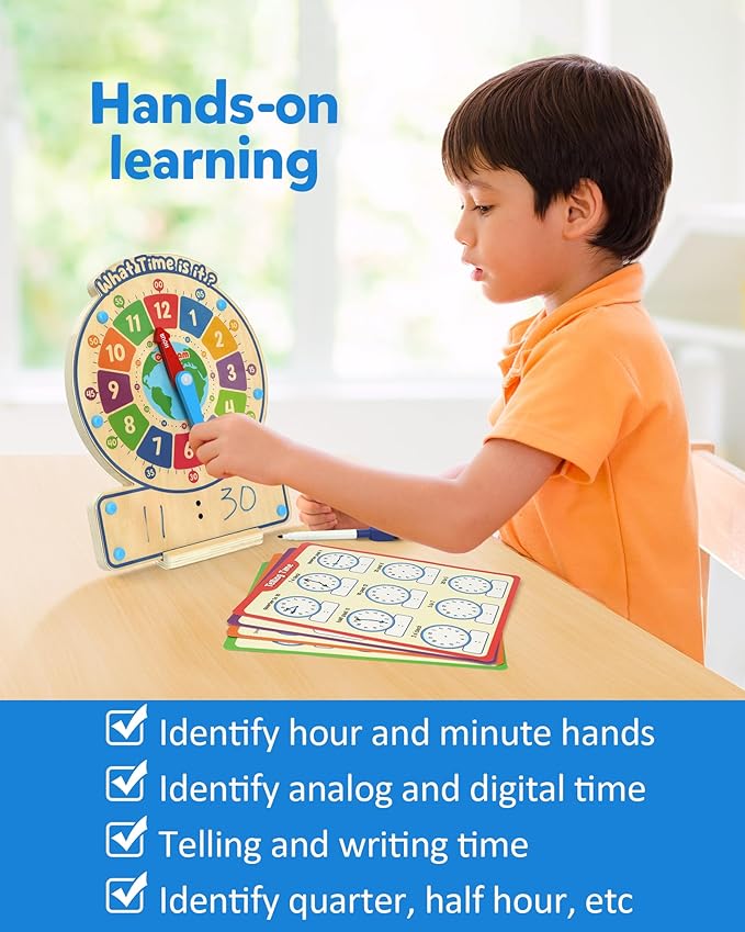Coogam Wooden Clock Teaching Time Toy, Analog Digital Clock with Fly-Telling Time Board Game, Montessori Time Learning Educational Toy for 3 4 5 Year Old Homeschool Classroom Kids