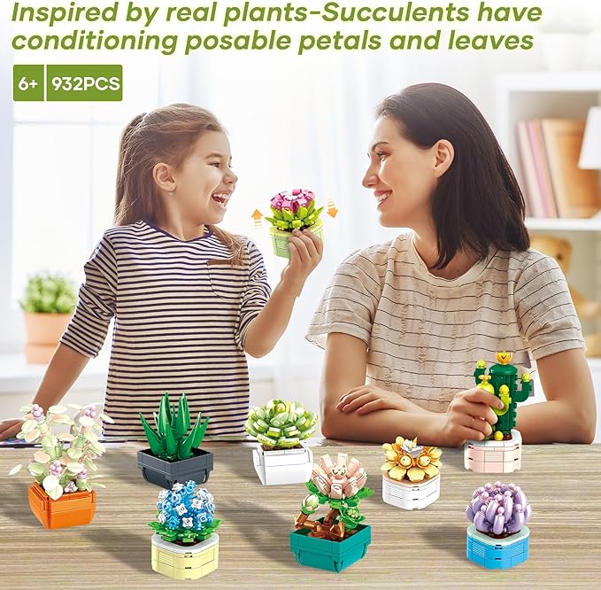 9 Pack Tiny Flowers Succulents Botanical Collection Building Sets 832PCS Compatible with Lego Artificial Plant Set for Home Office Décor Block Toy Bonsai Building Toys Creative Gifts Idea for Girls 6+