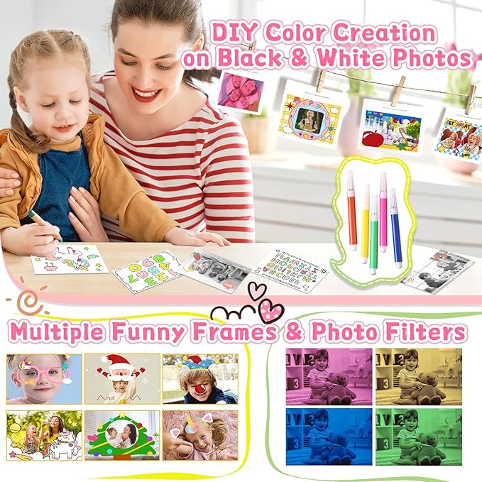 Kids Camera for Girls, 1080P Instant Print Camera, Kids Christmas Birthday Gifts Girls Toys, Children Digital Camera with 32GB Card, Toddler Camera Portable Toys for 3 4 5 6 7 8 9 Year Old Girl Pink