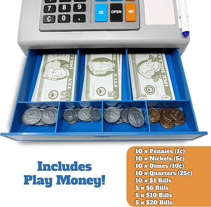 Dr. STEM Toys Solar Powered Calculator Pretend Cash Register with Play Money – 67-Piece Set for Learning Math Skills, STEM Cash Register for Kids (Gray)