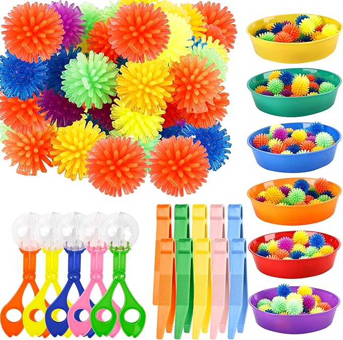 141 Pieces Fine Motor Toy Counting Sorting Sensory Bin Filler Include 6 Colorful Sorting Cup 10 Tweezers 5 Bear Ball Clip 120 Hedge Balls for Kid Early Skill Education