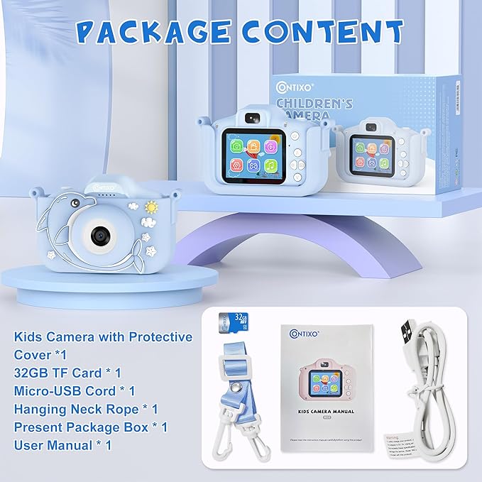 Contixo KC3A Kids Digital Camera - 1080P Toddler Camera with Selfie Mode, Games, Sound Recording, 8X Zoom, 32GB SD Card, USB-C Rechargeable Educational Toy for Boys Girls Ages 3-8, Blue