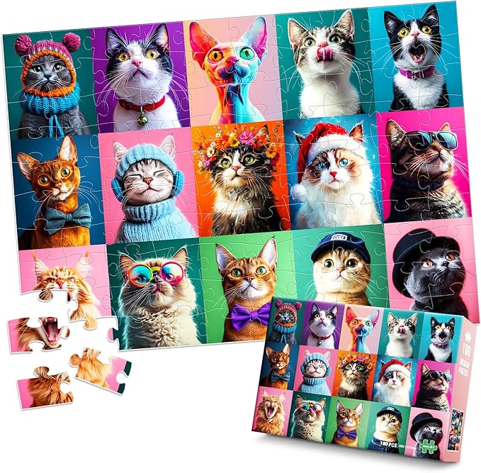 100 Piece Puzzles Multicolor Fun Cats, Large Piece Jigsaw Puzzle for Kids Ages 4-6 6-8 8-10, Pets Cat Theme Puzzles for Teens Seniors Adults, Collection Gift Home Art Decor Toys Gifts for Girls Boys