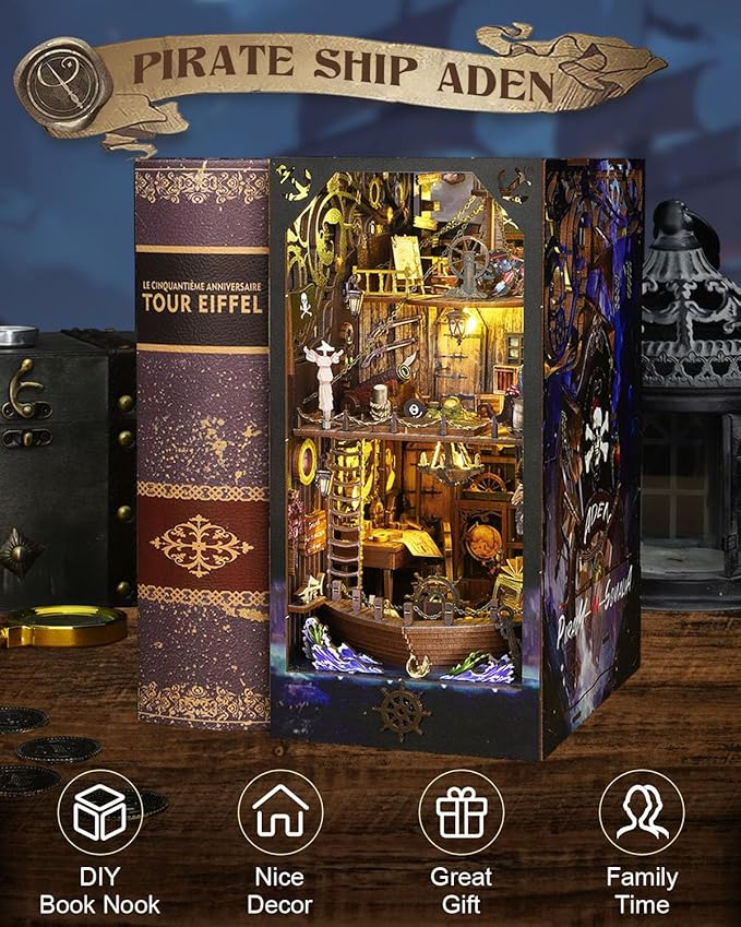 Book Nook Kit Pirate Ship Aden, DIY Miniature Book Nook Kits for Adults, 3D Wooden Puzzle Bookshelf Insert Decor with Sensor LED Lights, for Men Teens Family
