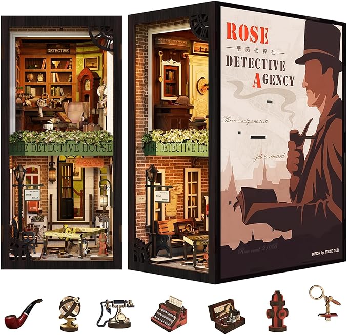 Fsolis Book Nook Kit, DIY Miniature Room House Kit 3D Wooden Puzzle for Adult Decorative Bookend Bookshelf Bookcase Nook Decor Gifts for Women Teens and Book Lovers(Rose Detective Agency)