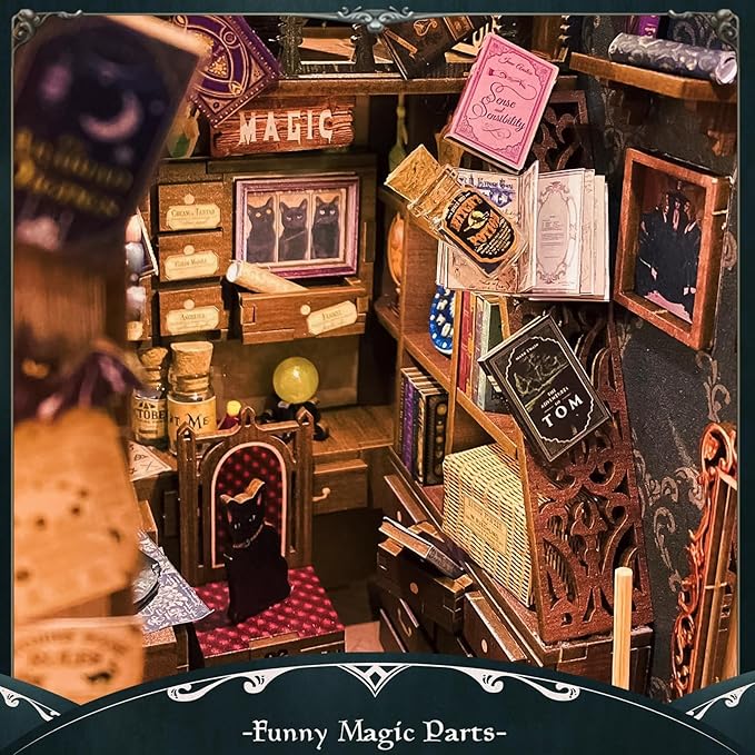 Fsolis Book Nook Kit, DIY Miniature Dollhouse Kit, 3D Wooden Puzzle for Adults, 282 Pieces, Bookshelf Decor Tiny House Mini Booknook Craft, Gifts for Women Teens and Puzzle Lovers (Magic Pharmacist)
