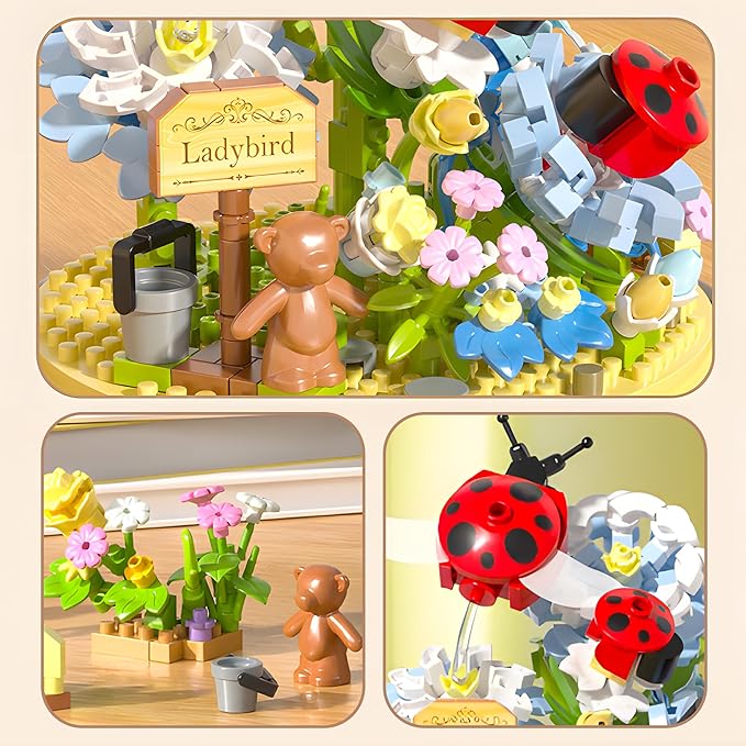 HI-REEKE Flower Ladybug Bouquet Building Block Set, Micro Mini Botanical Building Toy for Women-596 PCS
