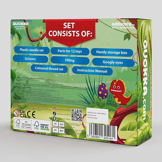 QUOKKA Kids Crafts Ages 7-9, DIY Beginner Needle and Thread Kit - 12 Wild Dino Sewing Kit Basic - Fun Arts Crafts for Kids Ages 7-9 Girls Boys - Plastic Needles, Scissors - 7+ Year Old Girl Gifts