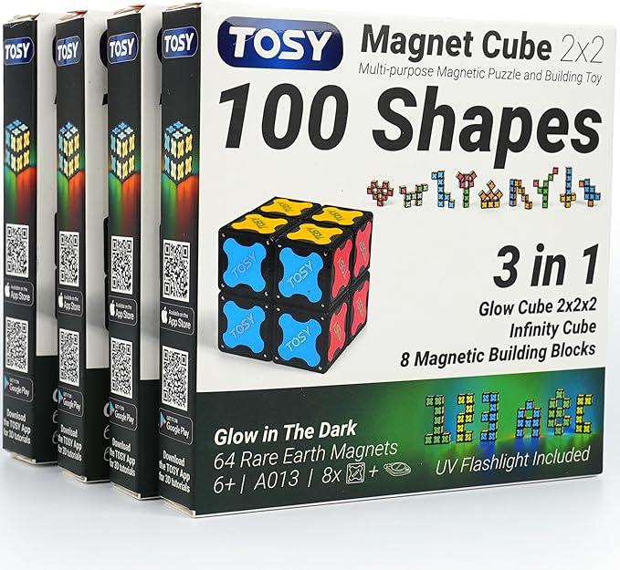 TOSY Magnet Cube 2x2 - 8 Blocks, 2 in 1 Toy: 2x2x2 Puzzle Cube and Customizable Infinity Cube, Glowing, UV Flashlight, Fidget/STEM/STEAM Magnet Tiles Birthday Gift for Kids/Teens/Adults, 4-Pack