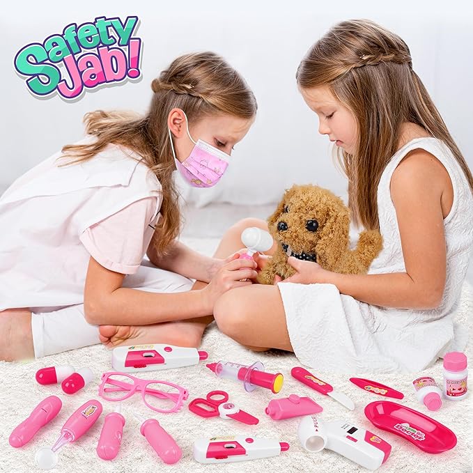 33Pcs Pet Doctor Kit for Toddlers - Dress Up Costume & Pretend Doctor Play Set with Dog Toy, Stethoscope, Pet Vet Roleplay Toys, Christmas Birthday Gifts for Ages 3 4 5 6 7 8 Year Old Boys Girls