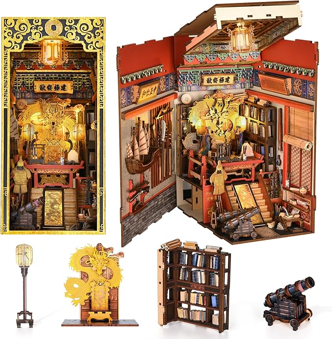 Book Nook Kit, DIY Miniature Dollhouse Booknook Kit, 3D Wooden Puzzle Bookend Bookshelf Insert Decor with LED Light for Teens and Adults (The Emperor's Study)