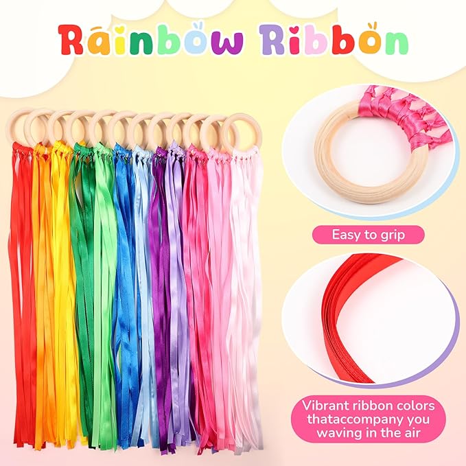 Junkin Ribbon Rings Hand Kite Waldorf Toys Dancing Wrist Ribbons Rainbow Streamers with Wood Ring Educational Toy for Playroom Dancing Birthday Party Gift(Solid Color,24 Pcs)