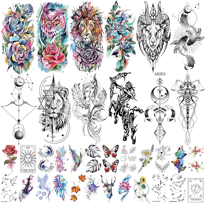 77 Sheets Nature Animal Temporary Tattoo for Women Men, 17 Sheets Half Arm Large Lion Flower Owl Fake Tattoos, 60 Sheets Butterfly Clock Black Tiny for Adult Kids Body Tattoos Stickers Realistic