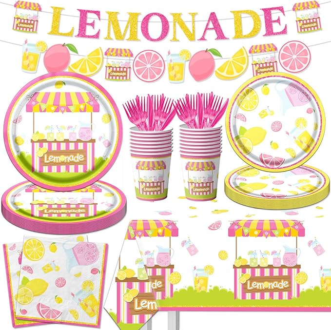 Lemon Party Supplies - 142Pcs Lemonade Party Decorations Tableware Set Includes Lemon Plates,Napkins,Cups,Banner,Lemonade Tablecloth for Lemon themed Birthday Party Baby Shower Party, Serves 20