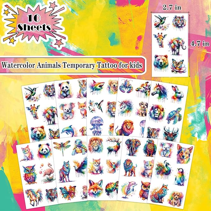 Watercolor Animals Temporary Tattoo for kids - 60 Styles Temporary for Girls Boy Body Arm Shoulder Tattoos Stickers, Birthday Party Decoration Supplies Gifts for Kids